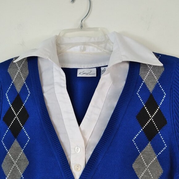 Royal Blue  with Argyle Design VNeck Sweater with Faux Built In White Shirt Sz S - Picture 3 of 10